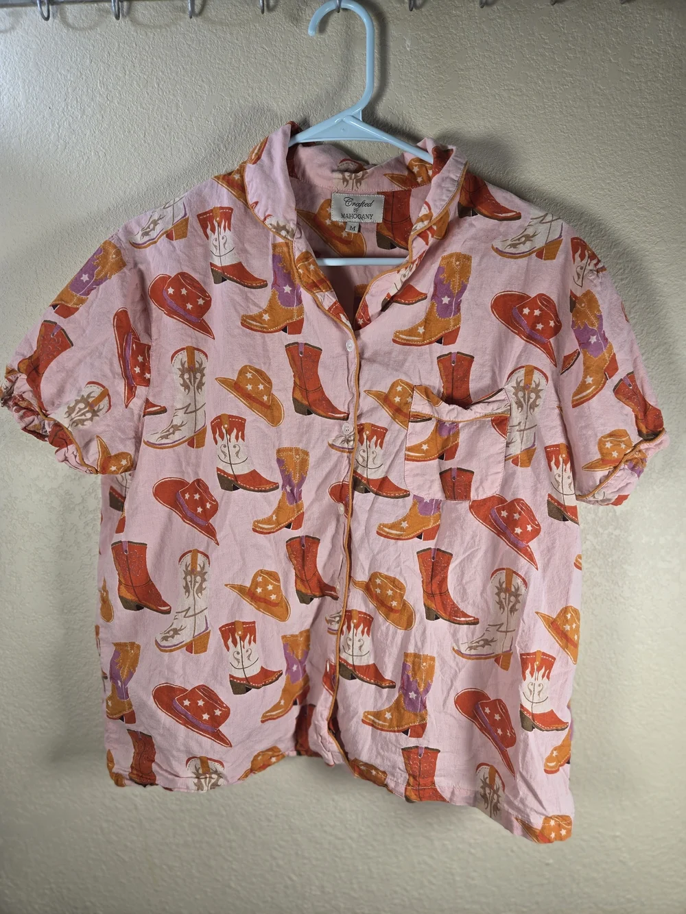 Crafted By Mahogany Pink Short-Sleeve Button-Up Orange &Pink Western Print Pj